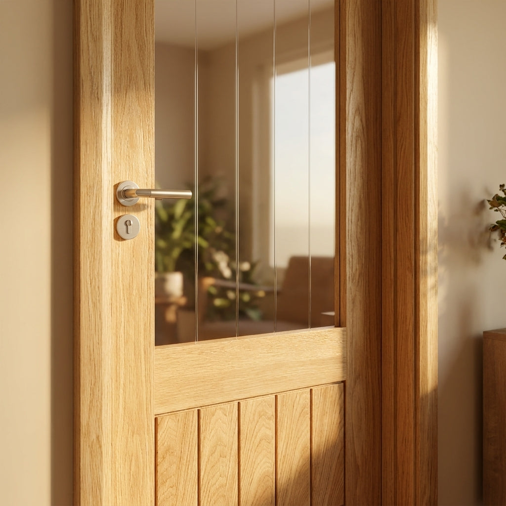 Internal Oak Door, Unfinished, Farley 1 Panel with 1 Light Obscure Glass, Made-to-Measure - detail view