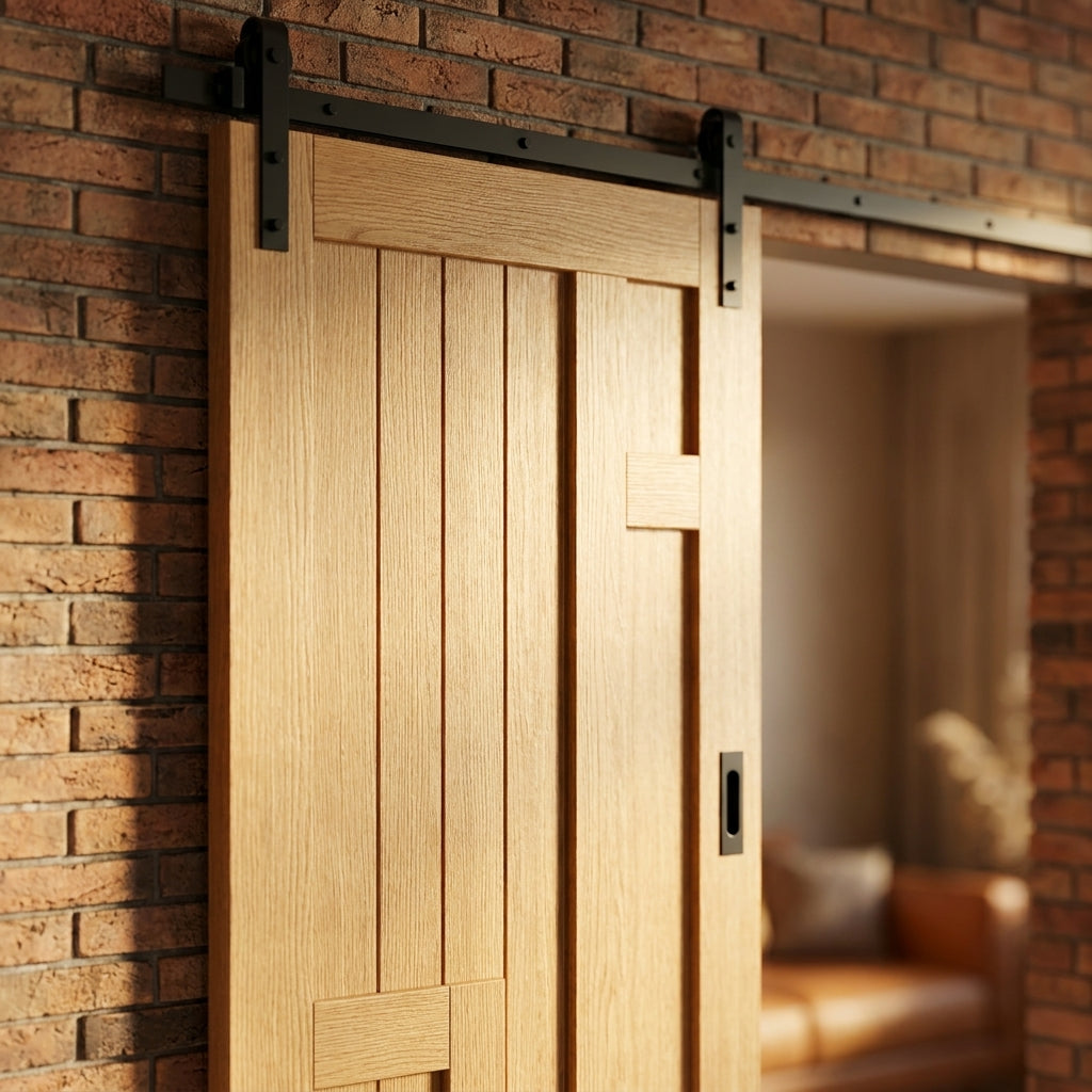 Internal Oak Sliding Door Fully Finished 5 Panel Black Face Mounted - detail view