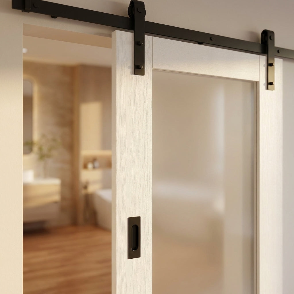 White Internal Sliding Door with 1 Light Obscure Glass, Primed Finish - detail view