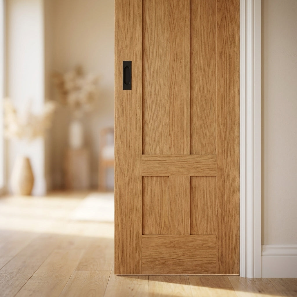 Pocket Door Set 100mm Internal Oak Fully Finished 5 Panel Stamford Design - detail view
