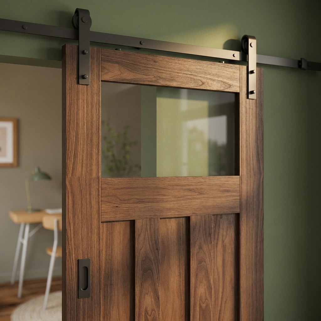 Internal Walnut Sliding Door with Clear Glass Glazing, Fully Finished - detail view