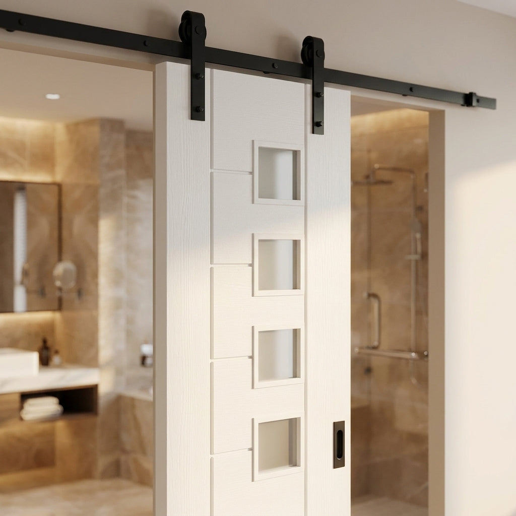 Internal White Sliding Door with 7 Panels, 4 Light Obscure Glass, Primed Finish - detail view