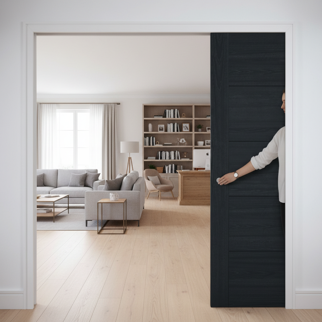 Premium Telescopic Pocket Door System in Charcoal Black with Wooden Jambs and Smooth Operation Features
