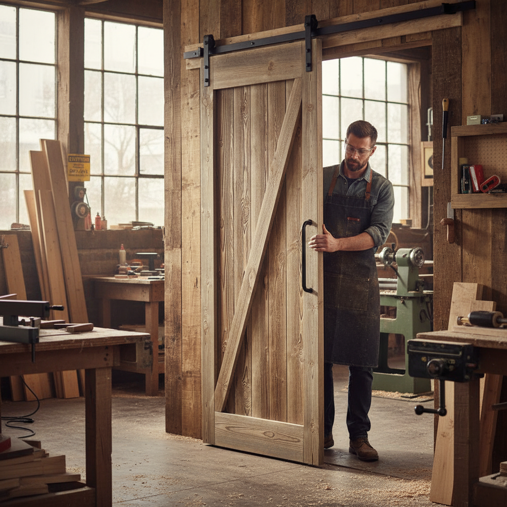 Premium Carbonised Internal Pine 1 Panel Brace Sliding Barn Door with Black Top Mount for Rustic Elegance