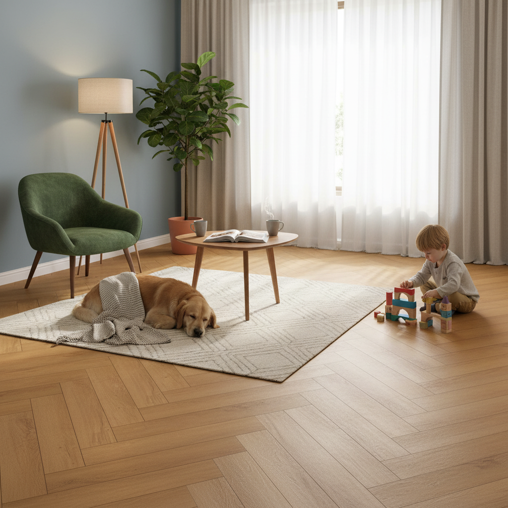Premium 12mm Laminate Herringbone Flooring with Cork Underlay - Warm Harvest Oak Finish