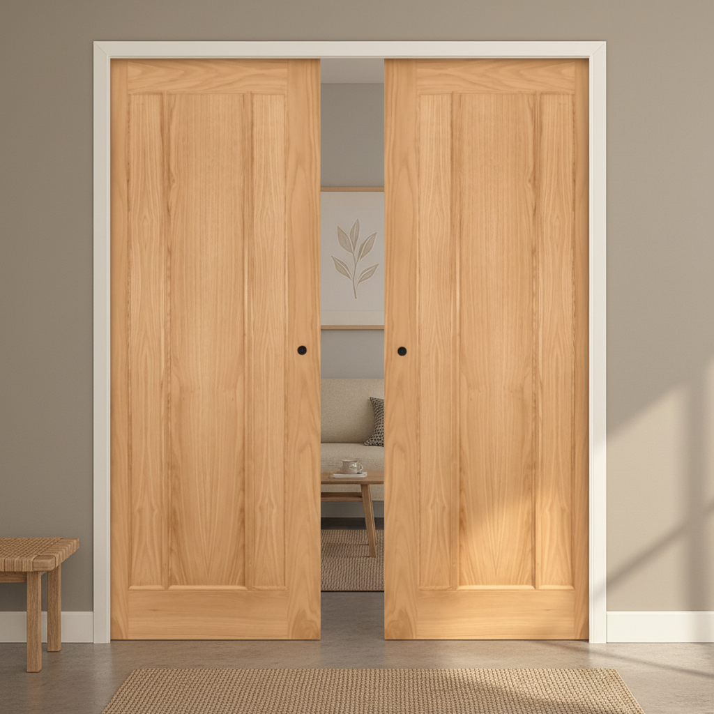 Premium Double Pocket Door Set - Oak Veneer, Galvanized Steel Frame, and Adjustable Design for Seamless Interior Spaces