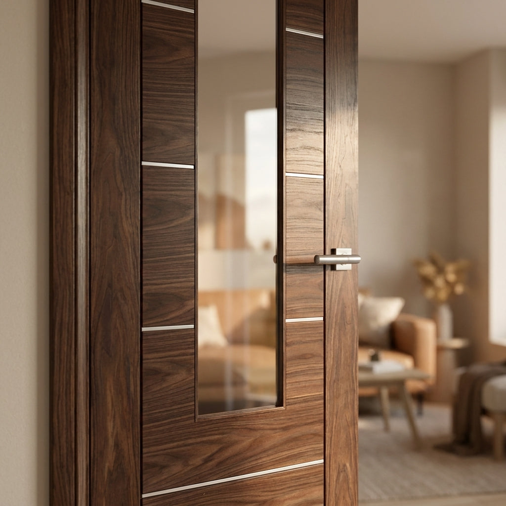 Internal Walnut Door Made-to-Measure Fully Finished with 1 Light Clear Glass - detail view