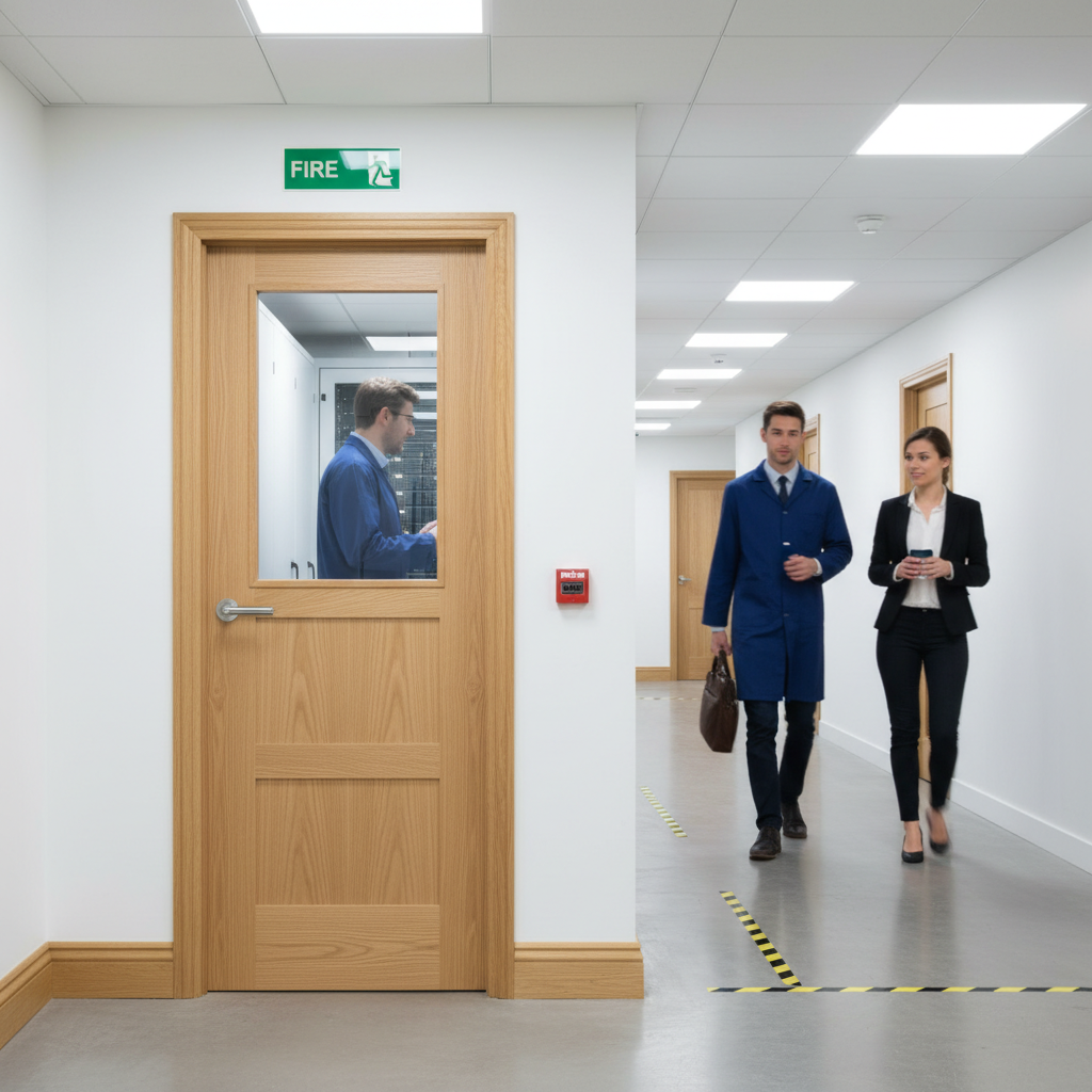 Premium Internal Fully Finished Oak Shaker FD30 Four Panel Fire Door with Clear Satin Lacquer Finish