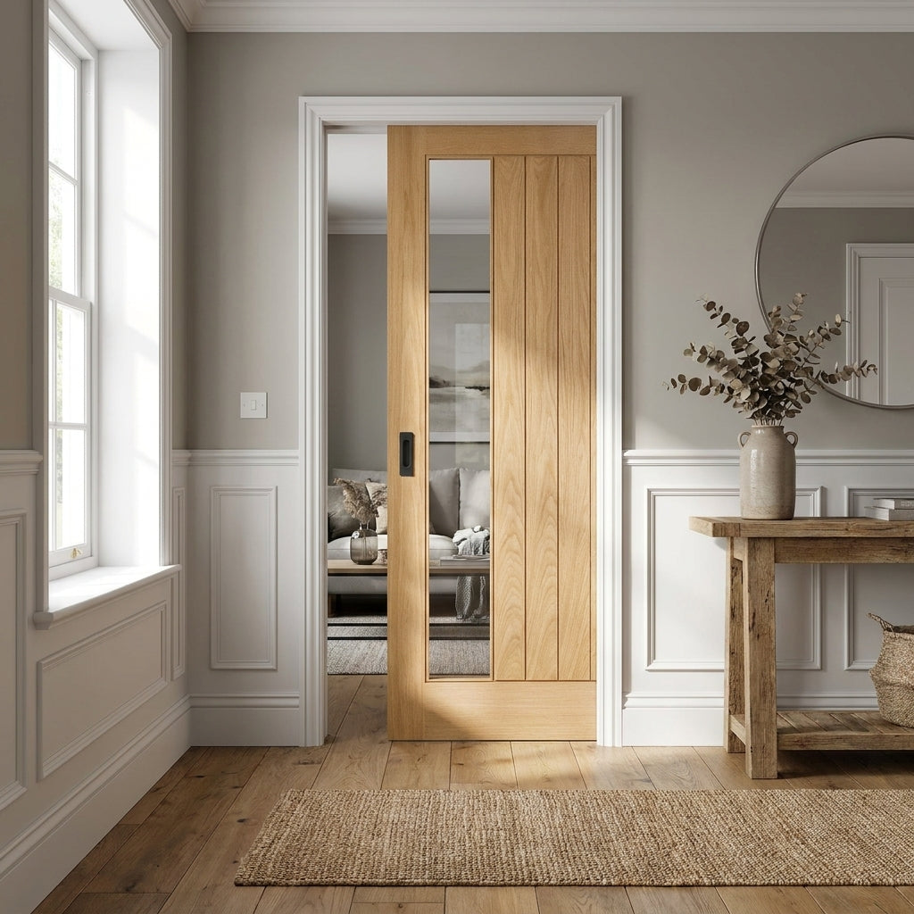 Internal Oak Pocket Door Set with 1 Light Clear Glass and Fully Finished 100mm Frame