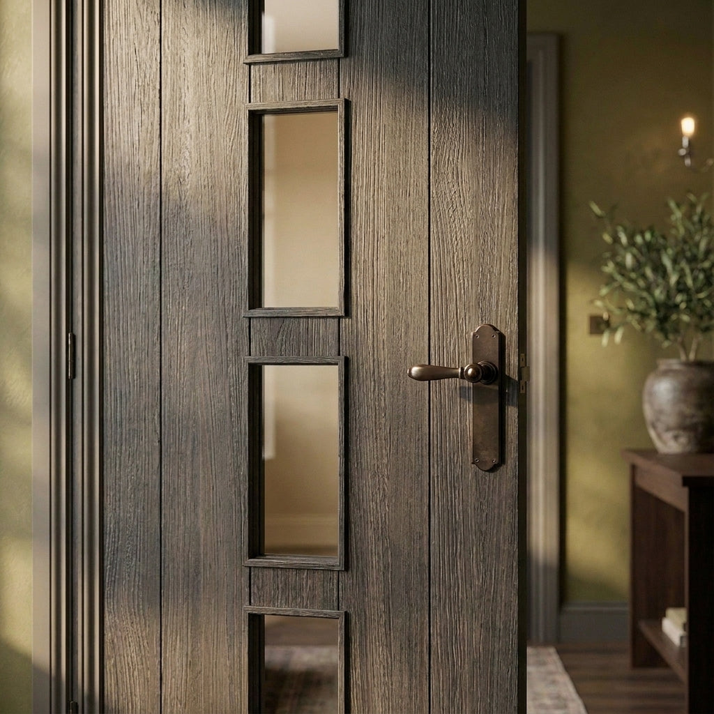 Internal Black Laminate Cottage Door with 4 Light Clear Glass, Fully Finished - detail view