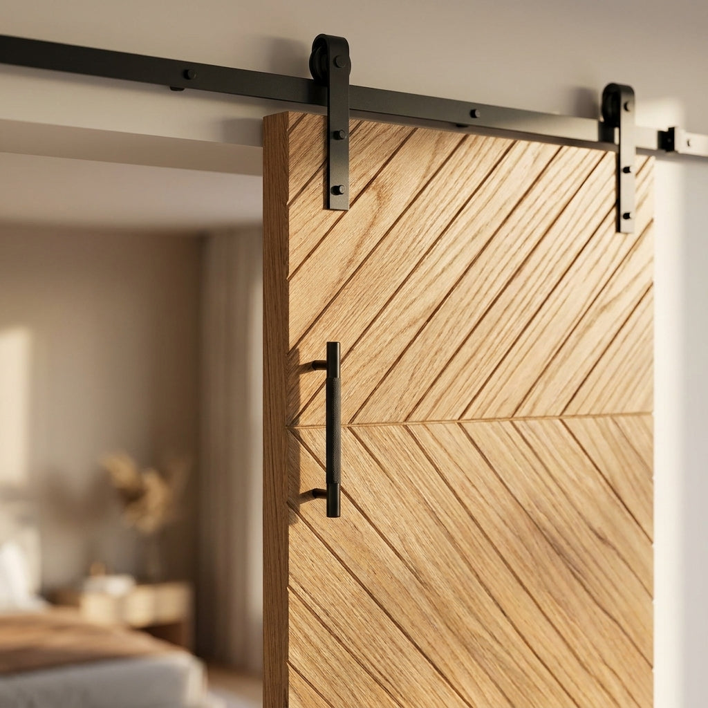 Internal Oak Barn Door Fully Finished Chevron Design with Solid Core - detail view