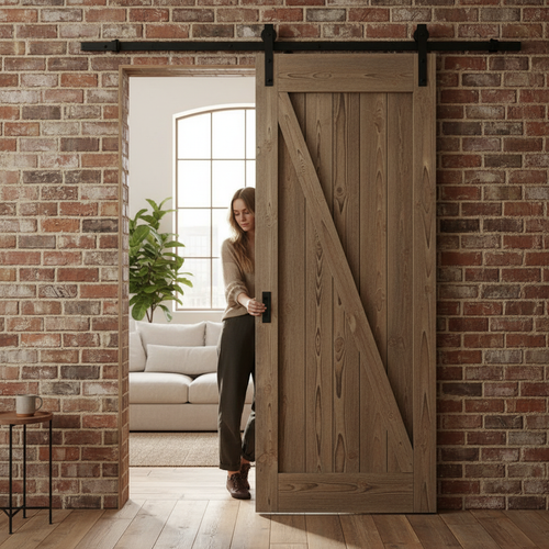Premium Carbonised Internal Pine 1 Panel Brace Sliding Barn Door with Black Face-Mounted Design for Modern Interiors - Image 2