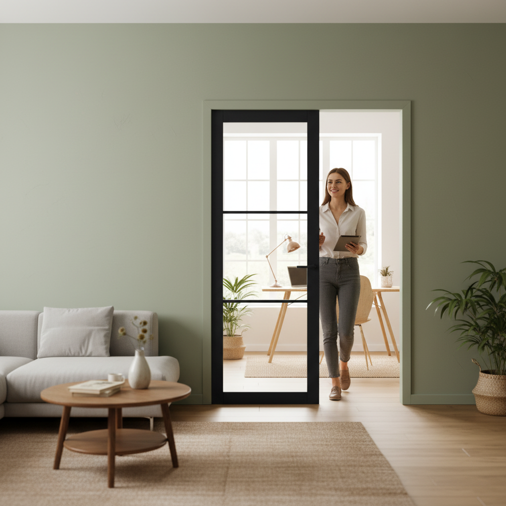 Internal Primed Industrial Lifestyle Door with 3 Clear Glass Panes, Ideal for Modern Interiors - Image 2