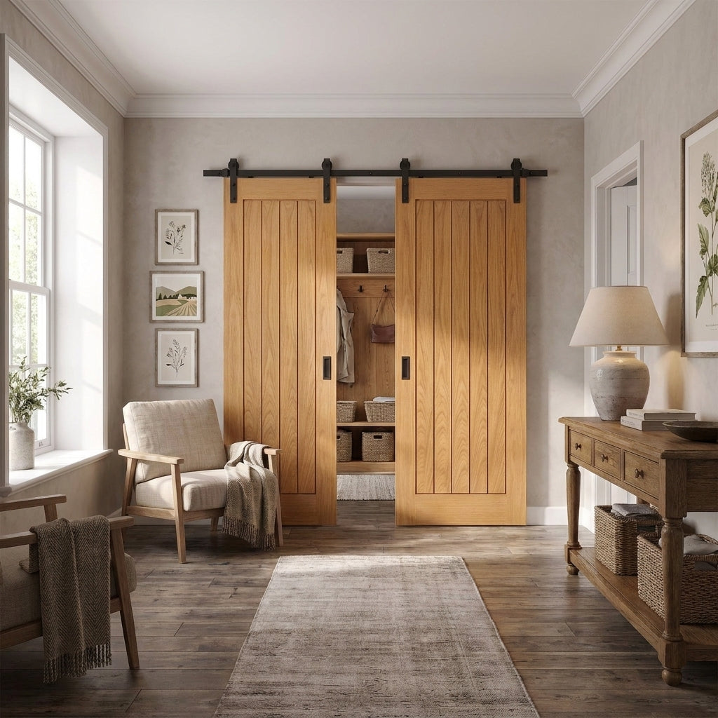Internal Oak Sliding Door, Fully Finished, Black Face Mounted, Farley Design