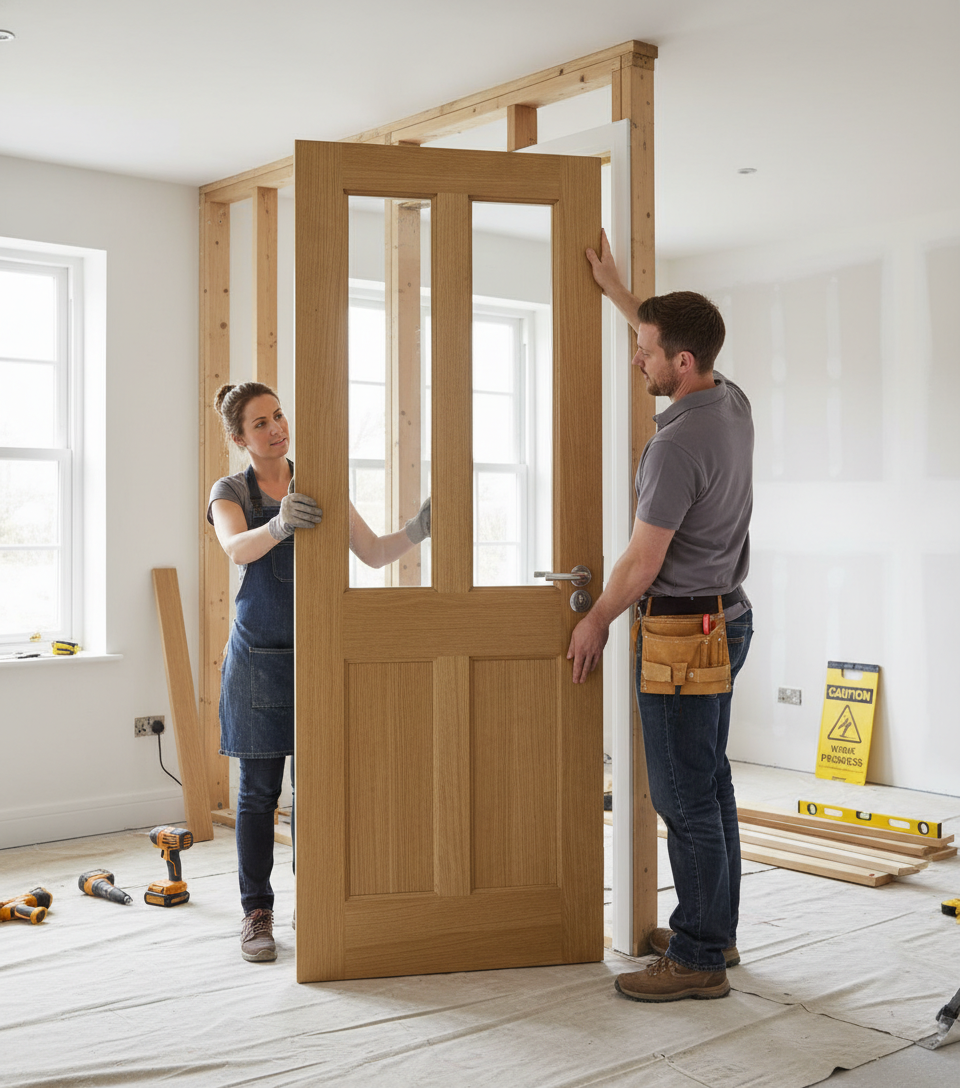 Premium Engineered Oak Veneer Internal Door with Clear Safety Glass and Unfinished Surface for Customization