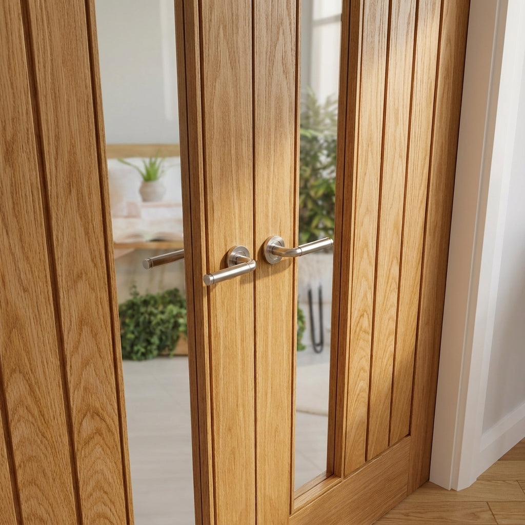 Internal Oak French Door Unfinished with 1 Light Clear Offset Glass - detail view