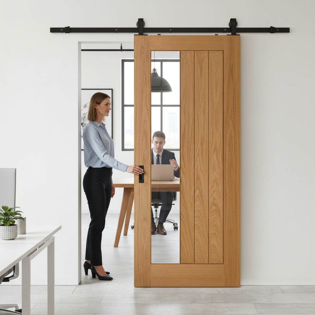 Oak Internal Fully Finished Sliding Door with Clear Offset Glass Design and Black Top Mounted Kit for Modern Spaces - Image 2