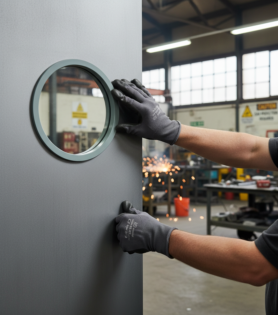 Premium Custom Made White FD30 Porthole Fire Door with Clear Fire Rated Glass - High-Quality Professional Grade for Industrial and Commercial Appli...