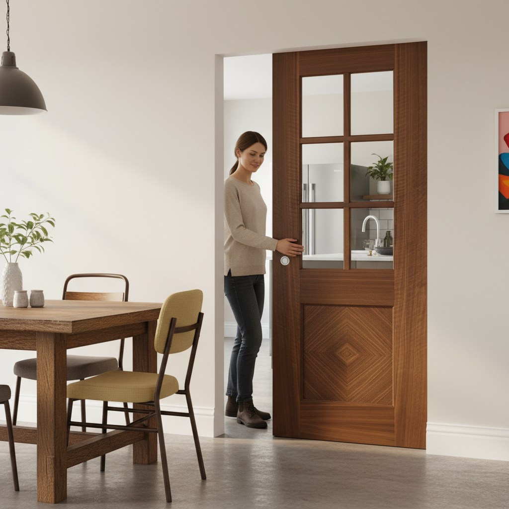 Premium Walnut Glazed Flush Pocket Door Set with Bevelled Glass Panes and Innovative Track System