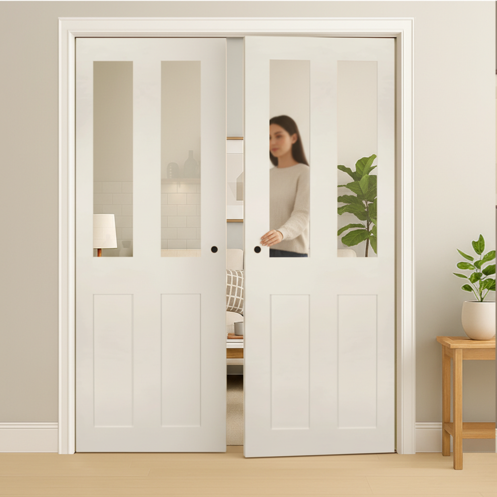 Premium White Clear Glazed Double Pocket Door Set with Galvanised Steel Frame and Adjustable Jambs for Enhanced Light Flow