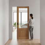 Premium Oak Pocket Door Set with Obscure Lined Clear Glass Panel for Privacy and Light Diffusion