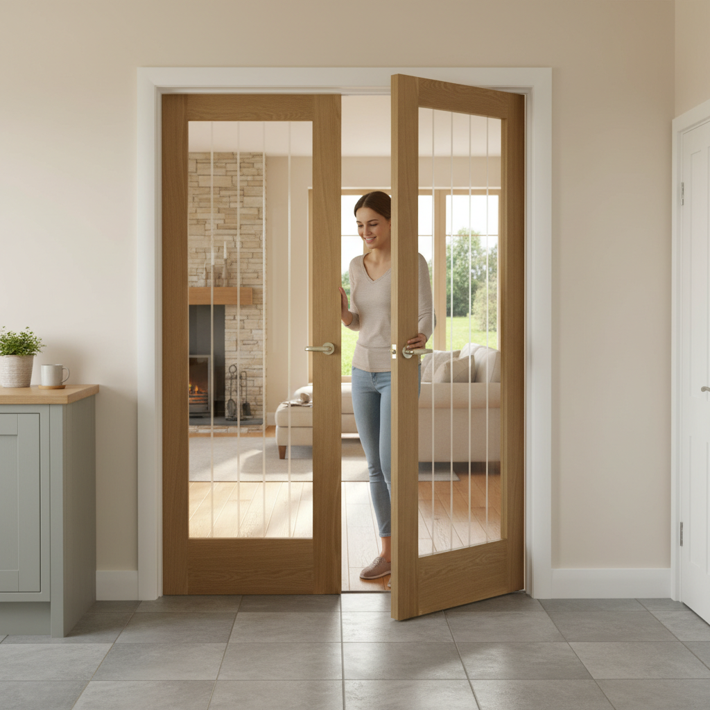 Premium Internal Oak Clear Etched Glazed French Doors with Engineered Construction and Unfinished Surface for Custom Finishing