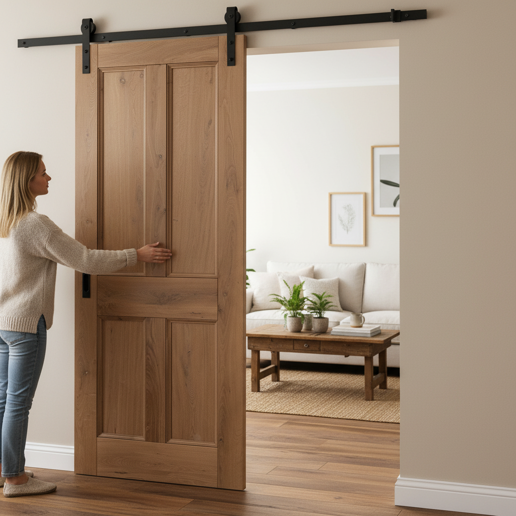 Premium Rustic Oak Fully Finished Internal Victorian 4 Panel Sliding Door with Top-Mounted System for Classic Elegance - Image 2