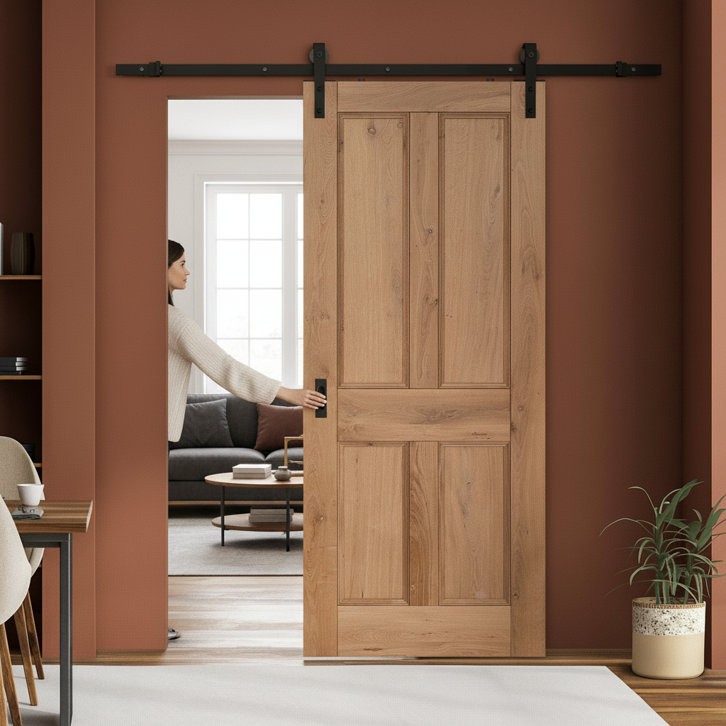 Premium Rustic Oak Fully Finished Internal Victorian 4 Panel Sliding Door with Top-Mounted System for Classic Elegance