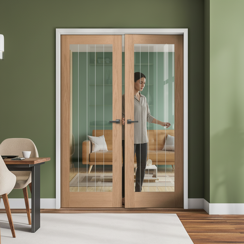 Premium Unfinished Oak Pair Door with Obscure Lined Glass Panel for Enhanced Privacy and Natural Light - Image 2