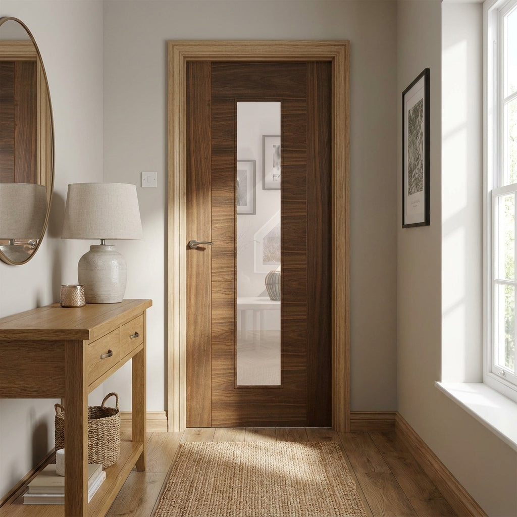 Internal Walnut Door Fully Finished with 1 Light Clear Glass