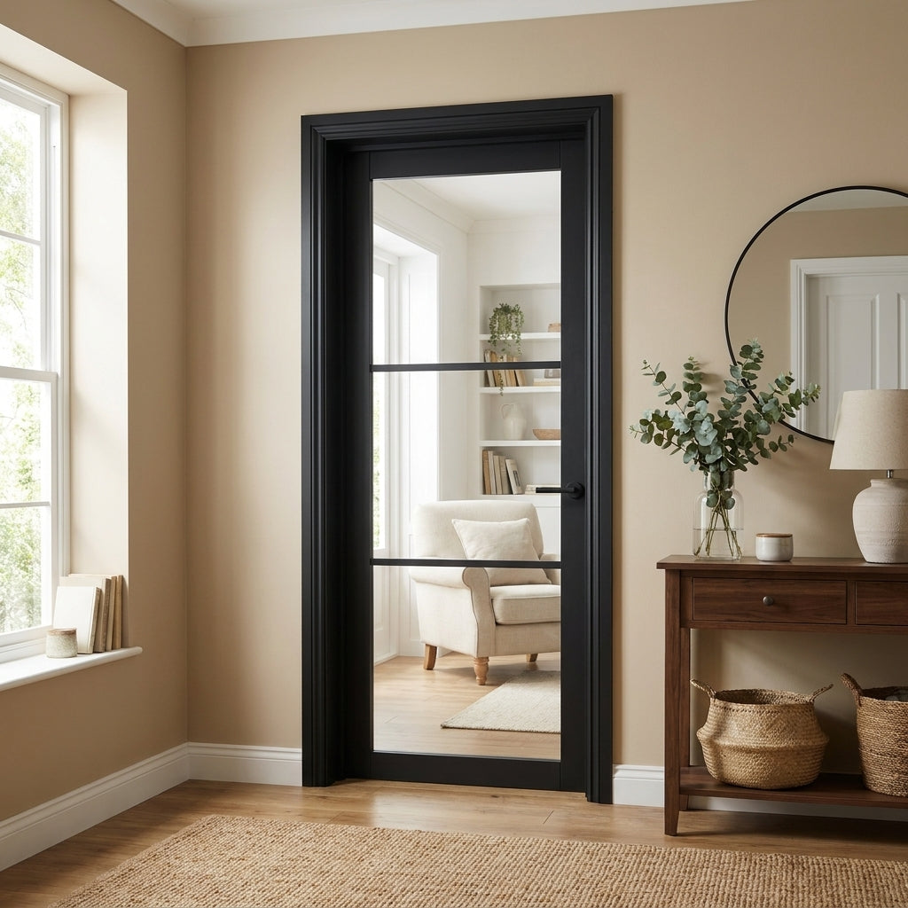 Internal Made-to-Measure Jet Black Fully Finished Studio Door with 3 Light Clear Glass