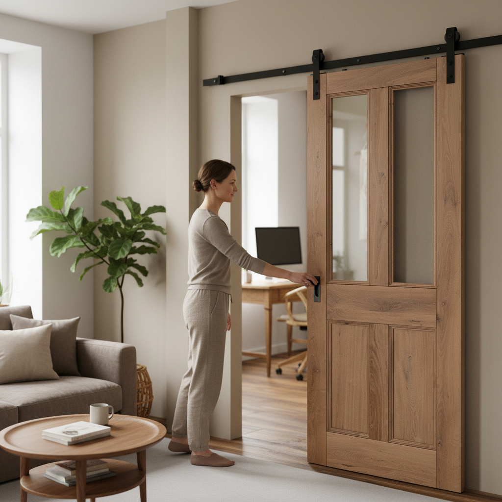 Fully Finished Internal Sliding Door with Clear Glazed Panels and Black Top Mounted Kit - Rustic Oak 4 Panel Design - Image 2