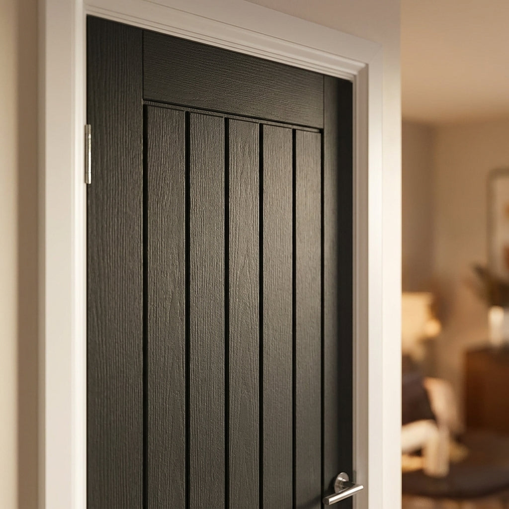 Internal Black Door, Fully Finished, Solid Engineered Core, Oak Farley Design - detail view
