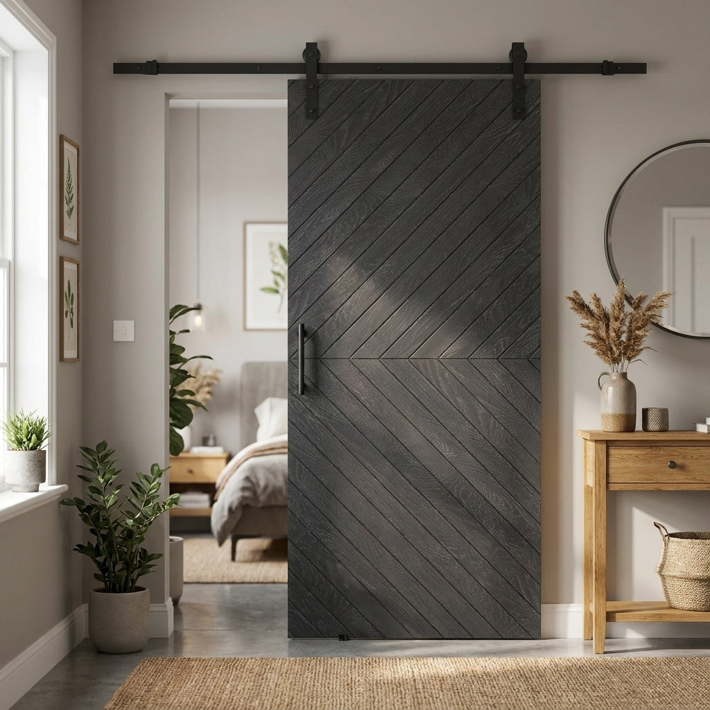 Internal Ash Grey Fully Finished Chevron Barn Door with Solid Engineered Core