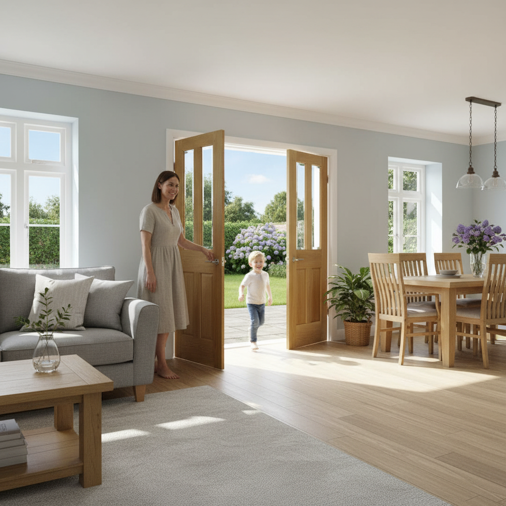 Premium Internal Oak Unfinished Clear Glazed Malton French Doors with Bevelled Glass Design and Engineered Construction
