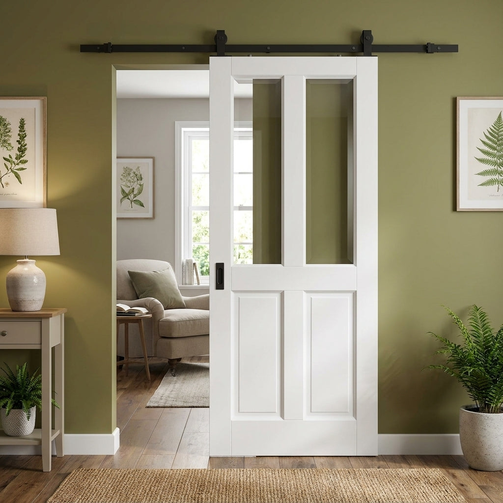 Internal Sliding Door White Primed 2 Panel 2 Light Clear Bevelled Glass