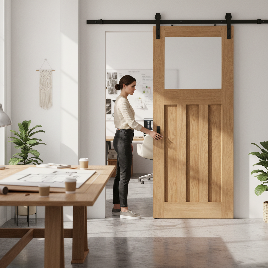 Premium Oak Internal Unfinished 1930's DX 3 Panel Sliding Door with Obscure Glass and Top Mounted Kit