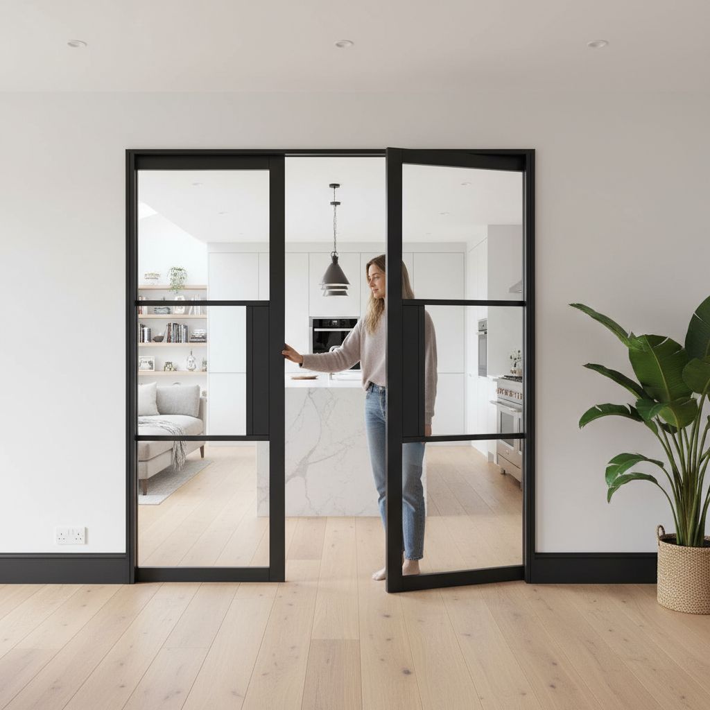 Premium Clear Glazed Double Pocket Door System with Adjustable Jambs and Steel Frame for Seamless Installation