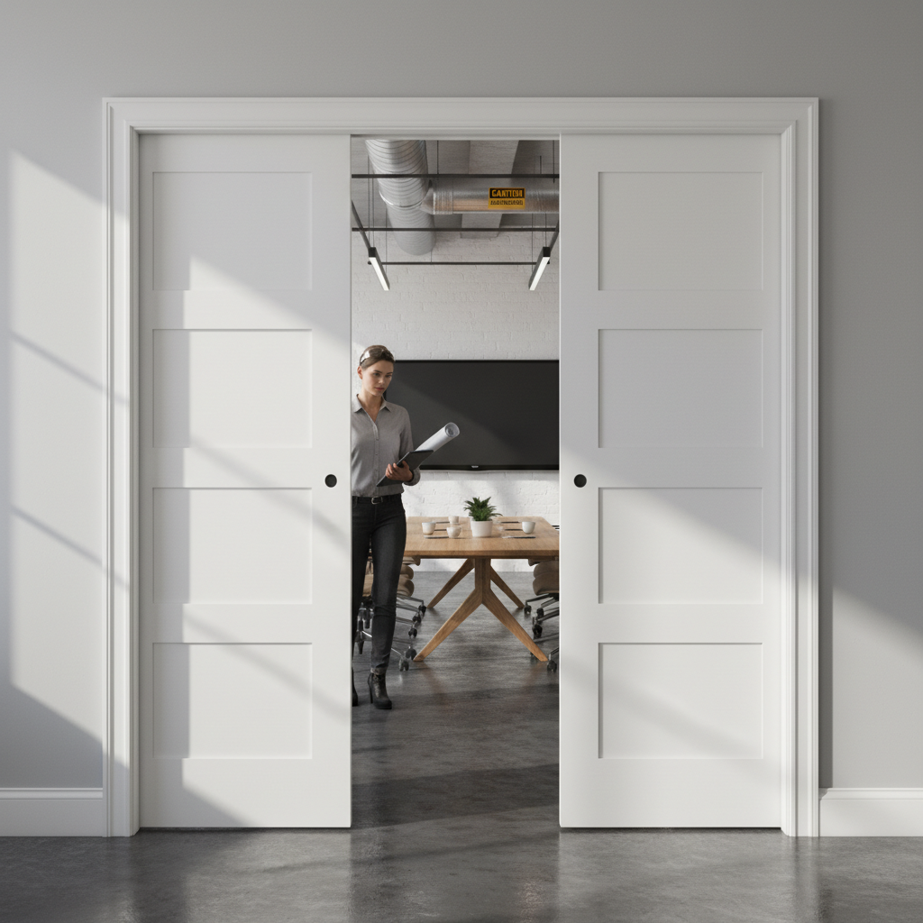 Premium White Double Pocket Door Set with Galvanised Steel Frame and Versatile 4-Panel Design for Efficient Space Management