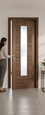 Premium Walnut Glazed Laminate Internal Door with Clear Glass and V Grooves - Modern Design for Sophisticated Living Spaces