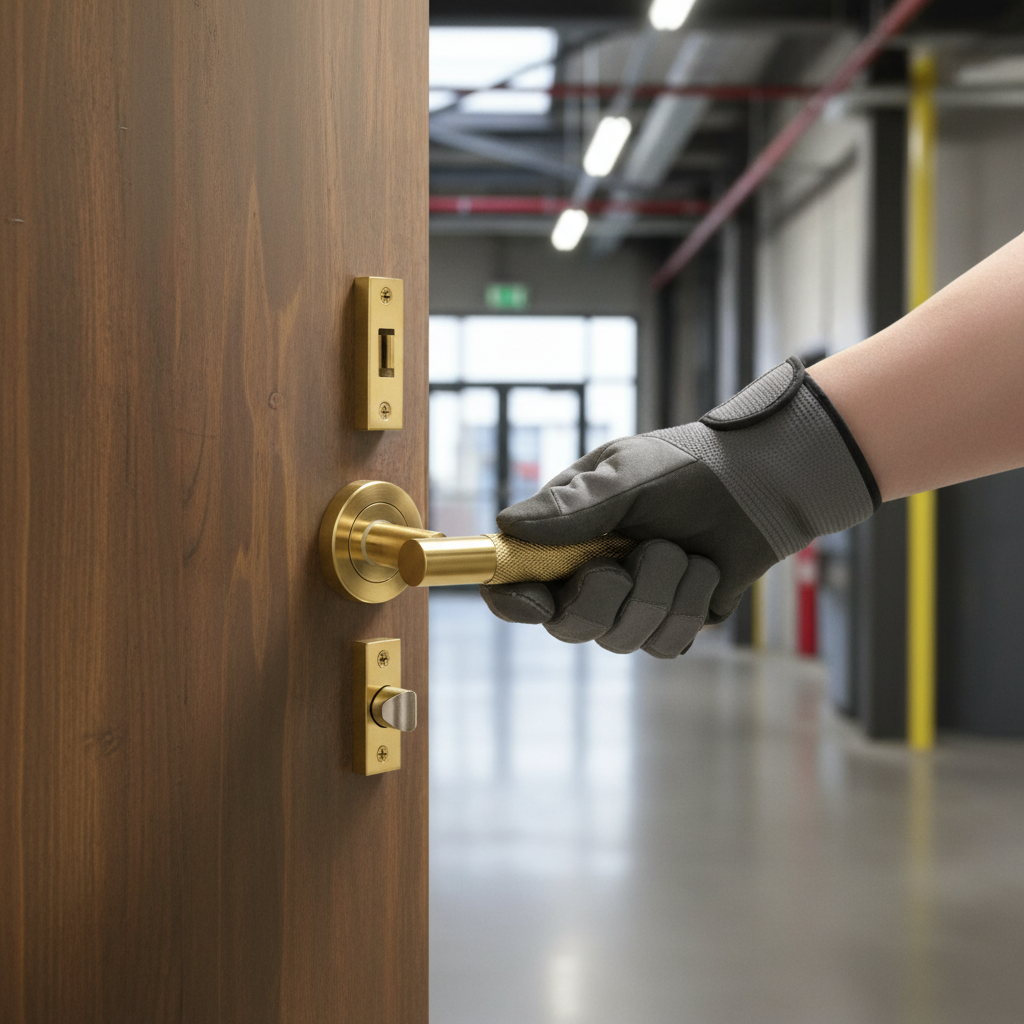 Premium Fire Rated Door Handle Set with Knurled Round Rose and Satin Brass Finish for Enhanced Safety and Style - Image 2