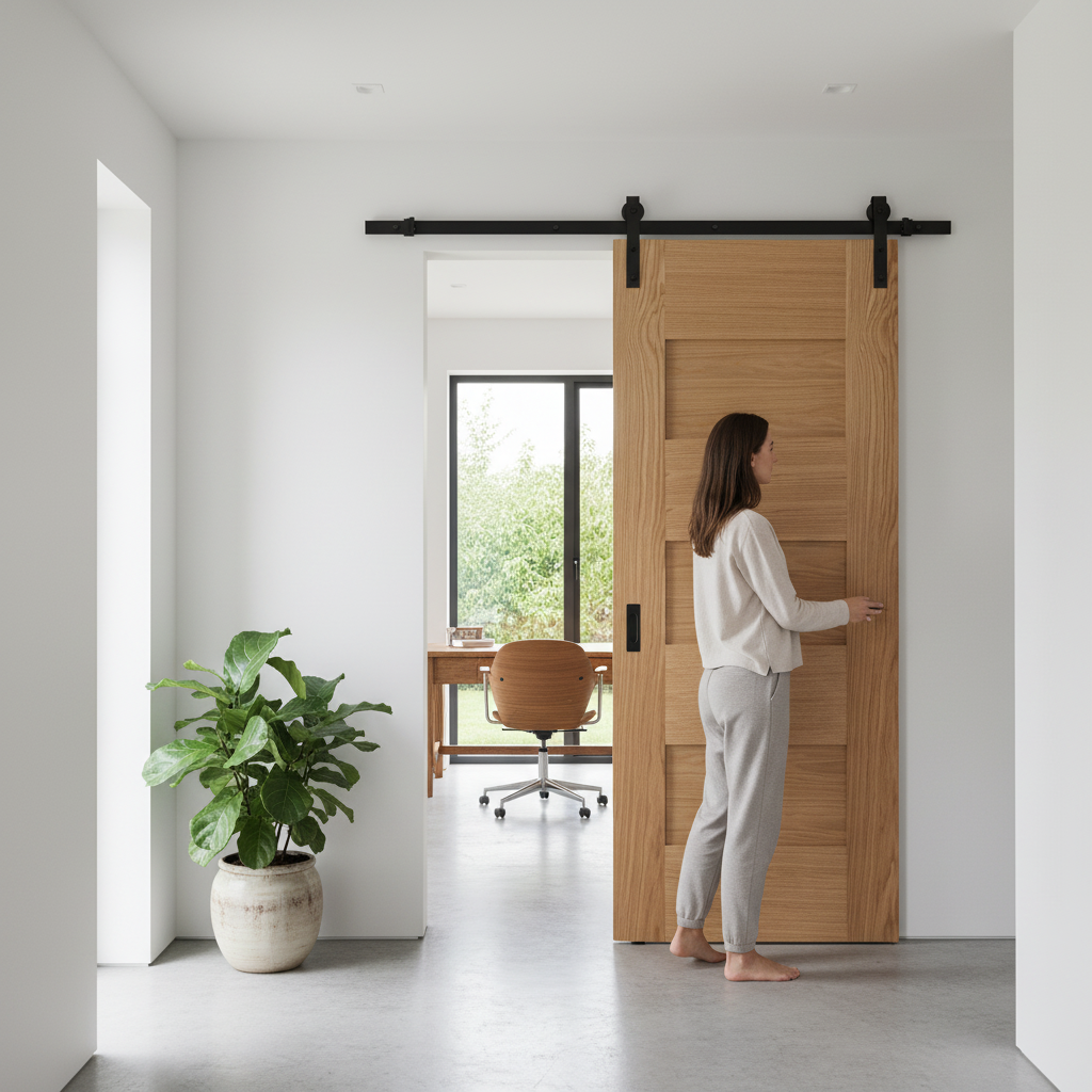 Premium Oak Internal Fully Finished 7 Panel Sliding Door with Black Steel Track for Modern Design and Easy Installation - Image 2