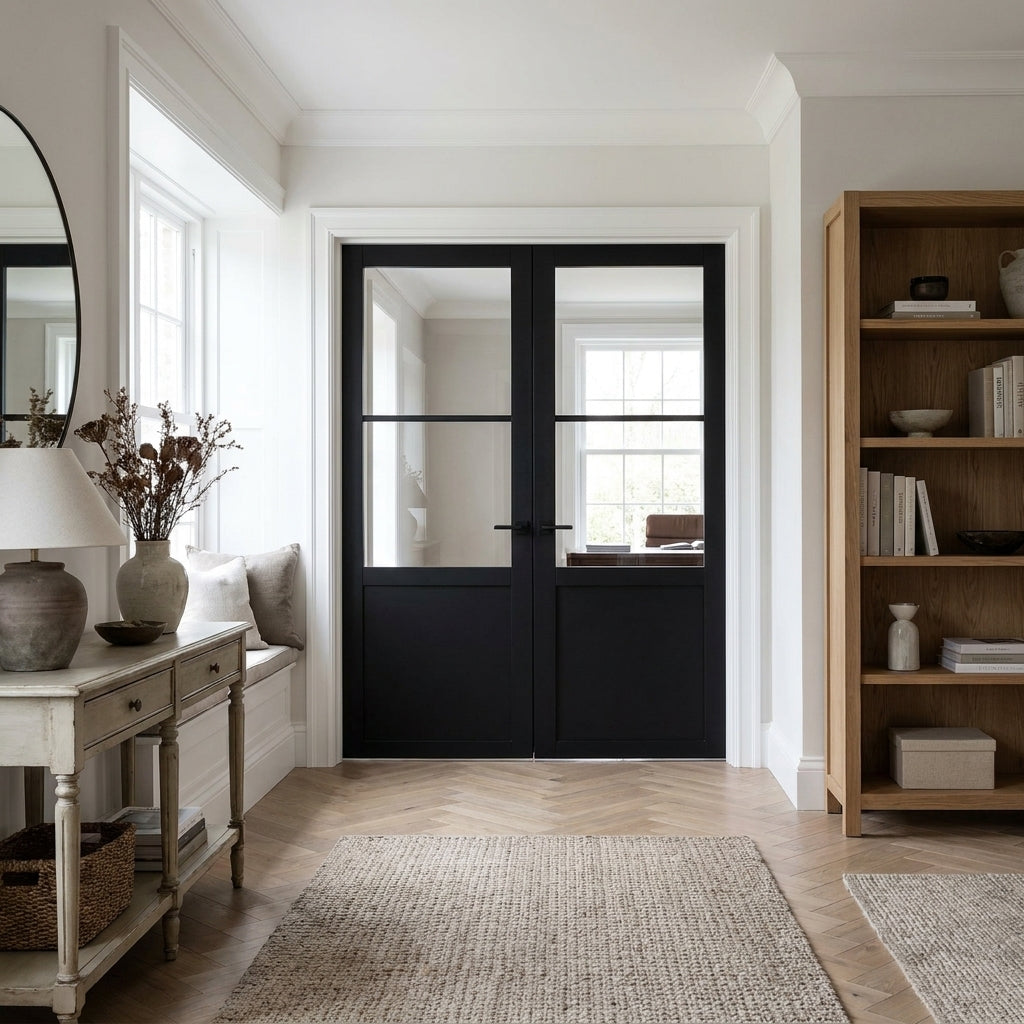 Internal French Door, Jet Black, Fully Finished, 1 Panel, 2 Light Clear Glass