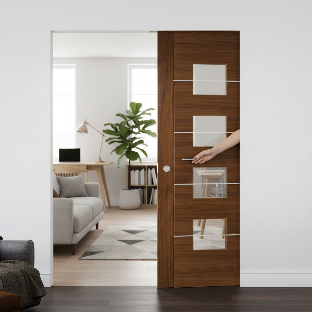 Premium Walnut Glazed Flush Pocket Door Set with Modern Design and No Bottom Track for Space-Saving Solutions