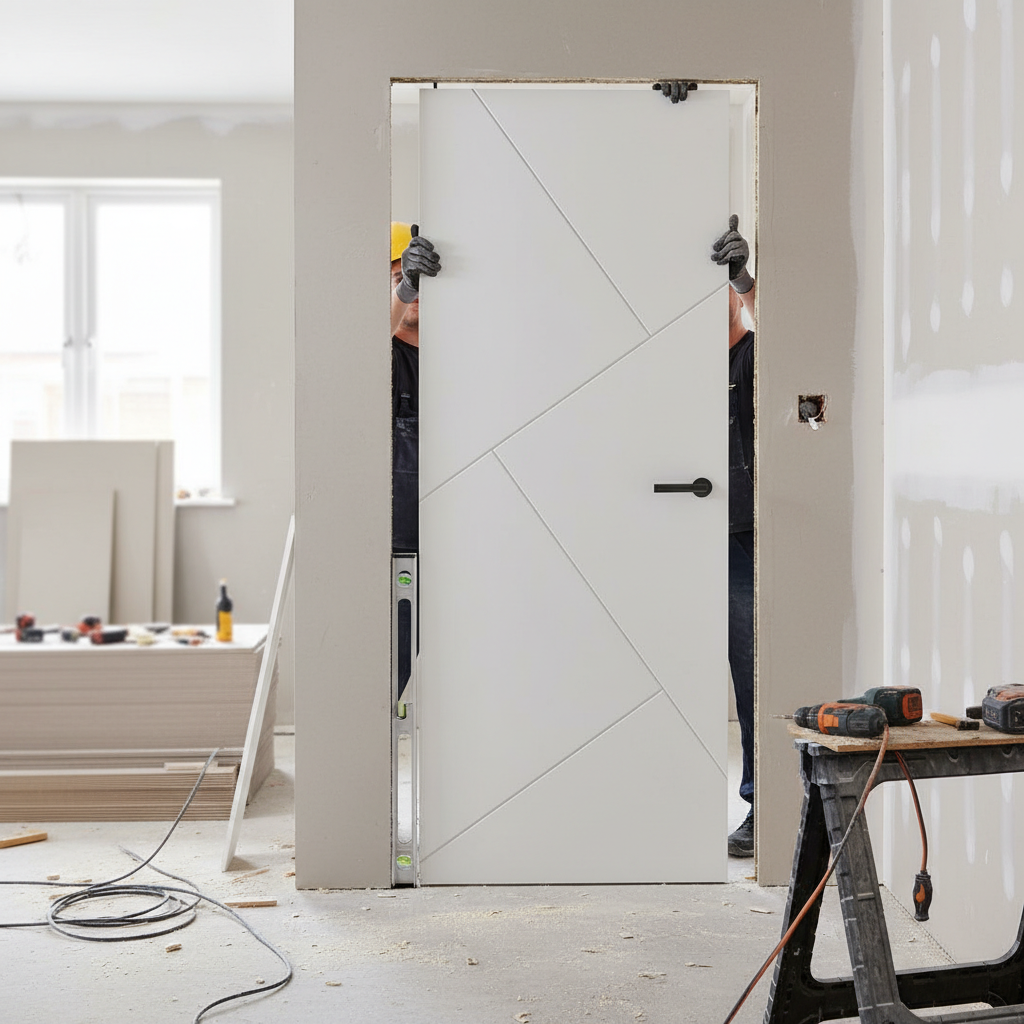 Premium White Internal Door with Bold Grooves - Solid Core, Engineered Construction, and Customizable Size Options