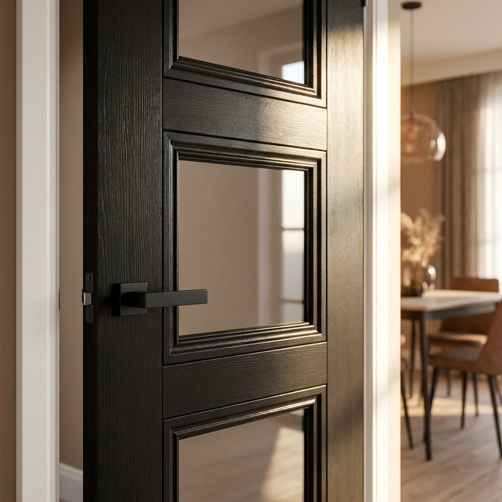 Black Internal Door Fully Finished with 3 Light Clear Glass, Solid Core - detail view