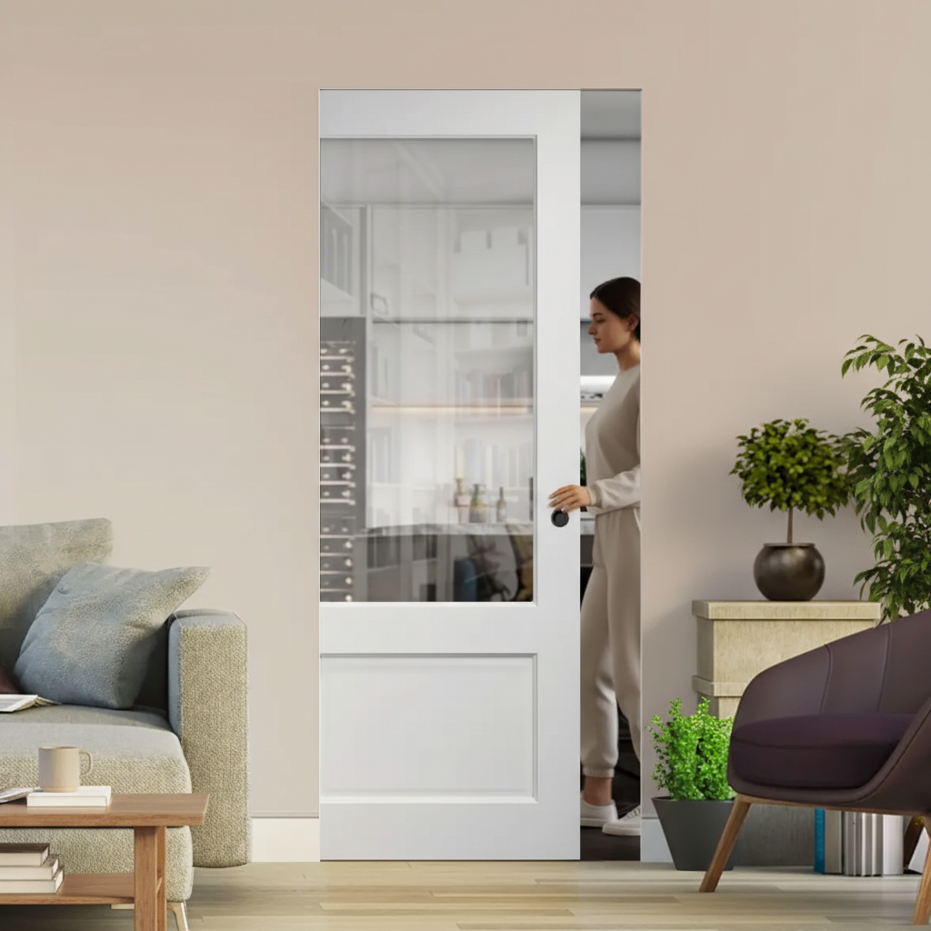 Premium White Glazed Flush Pocket Door Set with Bevel-Cut Glass and No Bottom Track for Space-Saving Design
