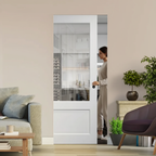 Premium White Glazed Flush Pocket Door Set with Bevel-Cut Glass and No Bottom Track for Space-Saving Design