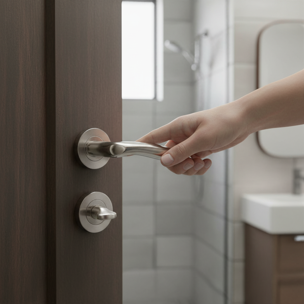 Premium Lancer Lever On Round Rose Bathroom Handle Set with Satin Nickel Hinges and Lock for Stylish Interior Doors - Image 2