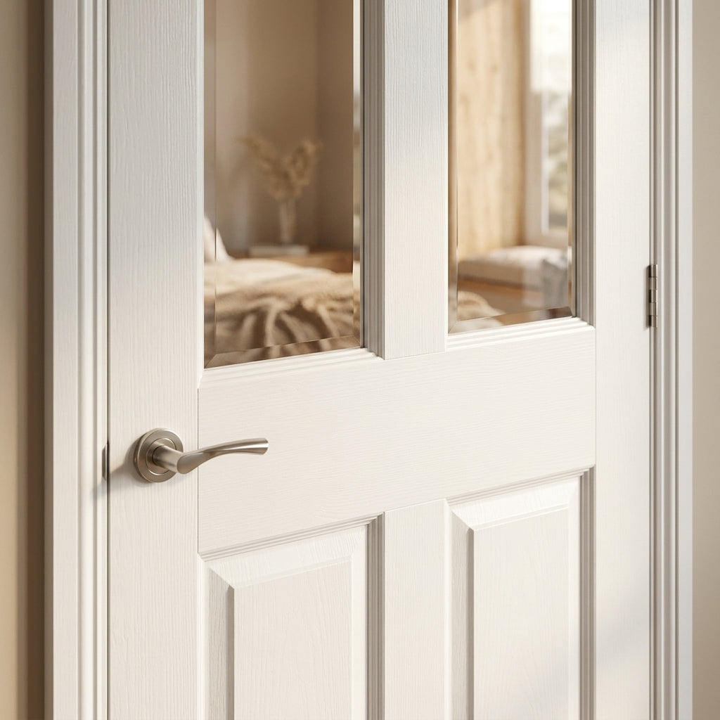 Internal White Door, Made-to-Measure, Primed Finish, 2 Panel, 2 Light Clear Bevelled Glass - detail view